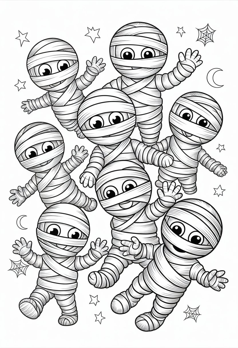 Halloween Coloring Pages Cute Collection of 20 Fun and Easy Designs 35 Several cute little mummies wrapped in cloth in playful poses surrounded by Halloween-themed decorations.